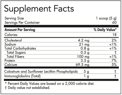 Text listing the ingredients Colostrum and Sunflower Lecithin Phospholipids, Immunoglobulins