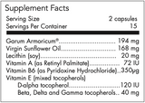 Text listing the ingredients including Garum Armoricum, virin sunflower oil, Lecithin, Vitamin A, Vitamin b6 Vitamin E
