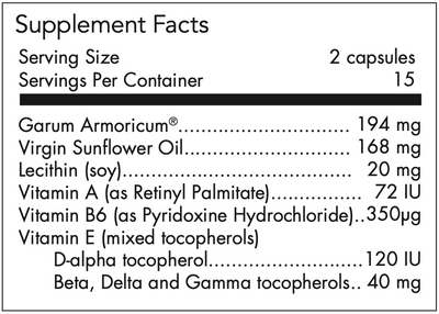 Text listing the ingredients including Garum Armoricum, virin sunflower oil, Lecithin, Vitamin A, Vitamin b6 Vitamin E