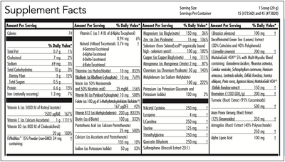 Text listing the ingredients including Vitamin A, vitamin C, Vitamin D3, EVNolMax, Vitamin e, Thiamine, Riboflavin, Niacin, Vitamin b6, Folate, vitamin b12, Biotin, Pantothenic acid, calcium, iodine, Mangnesium, zinc, selenium, Copper, manganese, chromium, Potassium, NAC, Lycopene, L-carnitine, Taurine, TMG, Querctein dihydrate, sulforaphane, Green tea decaf, Maitakegold, Bromelain, Tumeric, Asian Panax, Astragalus, Alpha Lipoic Acid.