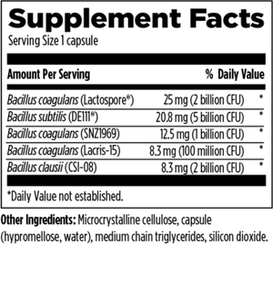Supplement facts for ProbioSpore™ listing ingredients including Bacillus Clausii, Bacillus Coagulans, Bacillus Subtilis, Bacillus coagulans MTCC 5856, Bacillus subtilis DE111