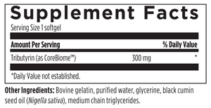 Tributyrin(as corebiome), Bovine gelatin, purified water, glycerine, black cumin seed oil (Nigella sativa), medium chain triglycerides