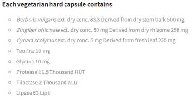 Supplement facts for Digestive Zyme listing ingredients including Berberis vulgaris, Cynara scolymus, Ginger (Zingiber officinale), Glycine, Lipase