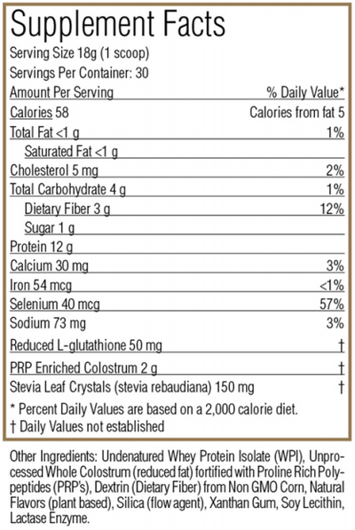 Text listing the ingredients including Calcium, Iron, Selenium, Reduced L-glutathione, PRP ENriched Colostrum, Stevia