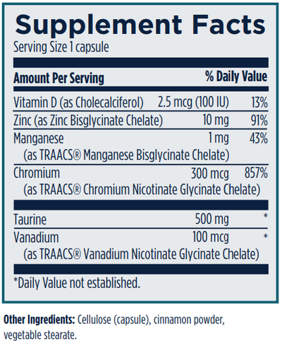 Ingredient list:
Vitamin D (as cholecalciferol), Zinc (as zinc bisglycinate chelate), maganese (as TRAACS Magnese bisglycinate chelate), Taurine, Vanadium(as TRAACS Vanadium Nicotinate glycinate Chelate), Cellulose (capsule), cinnamon powder, vegetable sterate 
