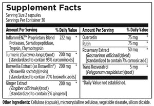 Text listing the ingredients including InflammENZ, Proteases, Serratiopeptidase, Trypsin, Chymotrypsin, Tumeric, Curcuma Longa, Curcuminoids, Boswellia Extract, Boswellin, Ginger, Quercetin, Rutin, Rosemary Extract. Rosmarinus, Trans Resveratrol, Cellulose (casule), microcrystalline cellulose, vegetable stearate, silicon dioxide