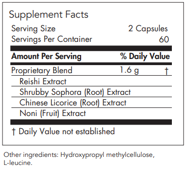 Text listing the ingredients including Reishi extractm Shrubby Sophora, Chinese Licorice, Noni fruit