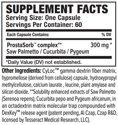 Supplement facts for ProstaSorb™ listing ingredients including Saw palmetto (Serenoa repens)