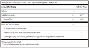 Supplement facts for BiotaGen® Powder listing ingredients including Arabinogalactan, Beta-Glucan, Chicory extract, Chicory root inulin, Inulin