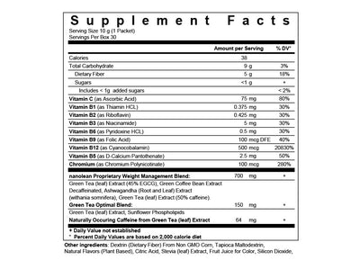 Text describing  the ingredients: Vitamin C, Ascorbic Acid, Vitamin B1, Thiamin HCL, Vitamin B2, Riboflavin, Vitamin b3, Niacinamide, Vitamin b6, Pyridoxine HCL, Vitamin b9, Folic Acid, Vitamin b12, Cyanocobalamin, Vitamin B5, D-Calcium Pantothenate, Chromium Polynicotinate, Green Tea, Green coffee bean, Ashwagandha, Withania somnifera, Sunflower phospholipids