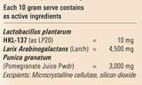 Supplement facts for ImmunoGenex Compatibility Evaluation Pack listing ingredients including Arabinogalactan, Lactobacillus, Lactobacillus plantarum, Larch, Pomegranate Extract (Punica Granatum)
