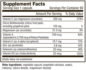 Supplement facts for Immune Essentials listing ingredients including Boron, Cholecalciferol, Chromium Picolinate, Citrus Bioflavonoids extract, D-alpha tocopherol