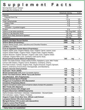 Text listing the ingredients including Beta Glucan, Greens, Barley Grass, Spirulina, chlorella, lecithin, Apple juice, Mango Juice, Carrot, Lemon, Sweet potato, peach, kale, Parsley, Broccoli, Spinach, Leek, Cabbage, Beet , Cranberry, Green tea, Grape seed, Raspberry, Milk Thistle, Silybin, Blueberry, Cranberry, Cherry, Pine Bark, Tomato, Elderberry, Pomegranate, Blackberry, Quercetin, Acerola Cherry, Rutin, Dunaliella Salina, Green tea, Quinoa, Polygonum Cuspidatum, Resveratrol, Cinnamom