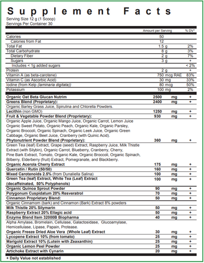 Text listing the ingredients including Beta Glucan, Greens, Barley Grass, Spirulina, chlorella, lecithin, Apple juice, Mango Juice, Carrot, Lemon, Sweet potato, peach, kale, Parsley, Broccoli, Spinach, Leek, Cabbage, Beet , Cranberry, Green tea, Grape seed, Raspberry, Milk Thistle, Silybin, Blueberry, Cranberry, Cherry, Pine Bark, Tomato, Elderberry, Pomegranate, Blackberry, Quercetin, Acerola Cherry, Rutin, Dunaliella Salina, Green tea, Quinoa, Polygonum Cuspidatum, Resveratrol, Cinnamom