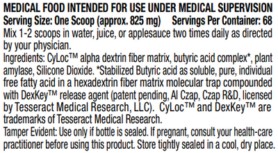 Supplement facts for AuRx™ Medical Food listing ingredients including Amylase, Biotin, Butyric acid, Butyric acid, Dextrin