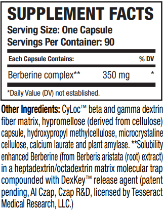 Supplement facts for BerberActiv-QR™ listing ingredients including Berberine, Berberis aristata, Dextrin, Fiber, Indian Barberry
