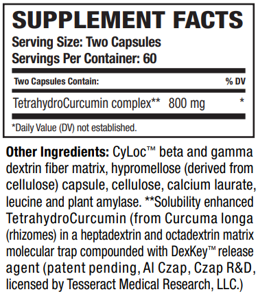 Supplement facts for TetraCumin-QR™ (Quick Release) listing ingredients including Curcuma Longa, Curcumin