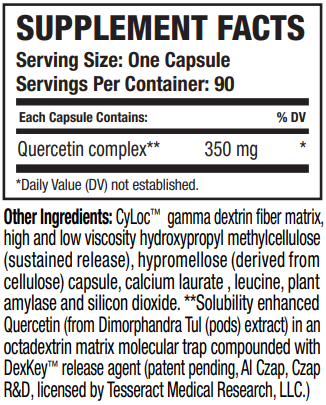 Supplement facts for QuerciSorb™ SR listing ingredients including Amylase, Calcium, Chromium Picolinate, Dextrin, Fiber