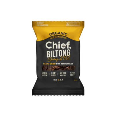 A Supplement packet of Chief Biltong Smokey BBQ (30g) by Chief Nutrition.