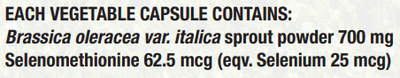 Supplement facts for EnduraCell Plus listing ingredients including Brassica oleracea, Broccoli Powder, Selenium, Selenium selenomethionine