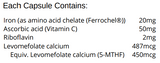 Supplement facts for Iron Plus listing ingredients including Ascorbic Acid, Calcium, Folate, Iron, L-5-MTHFR
