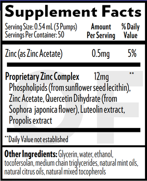 Supplement facts for Immune Charge+ Throat Spray listing ingredients including Bee propolis, Japanese pagoda tree (Sophora japonica), Lecithin, Luteolin, Phospholipids