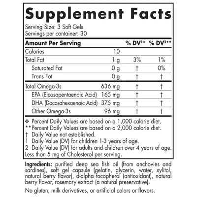 Text describing the ingredients: Vitamin A, D3, Total Omega-3s, EPA (Eicosapentaenoic Acid), DHA (Docosahexaenoic Acid) .