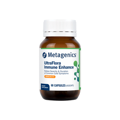 Metagenics UltraFlora Immune Enhance supplement bottle on a clear background