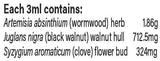 Text listing the ingredients including, Artemisia absinthium, Juglans nigra, Syzgium aromaticum