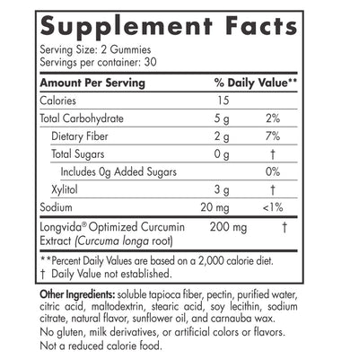 Text listing the ingredients including Xylitol, Longvida, Curcumin, Curcuma longa, Pectin