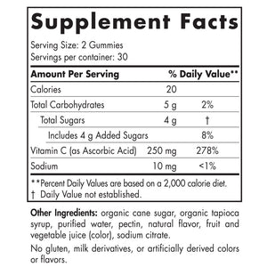 Supplement facts for Vitamin C Gummies listing ingredients including Vitamin A, Vitamin C