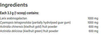 Supplement facts for Microbiome Prebiotic listing ingredients including Larch Arabinogalactan