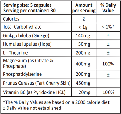 A list of ingredients including Ginko Biloba, Humulus Lupulus, L Theanine, Magnesium citrate phosphate, Phosphatidylserine, Prunus Cerasus, Tart cherry skin, Vitamin b6, Pyridoxine HCL