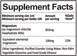 Supplement facts for Liquid Mag listing ingredients including Magnesium, Magnesium chloride hexahydrate
