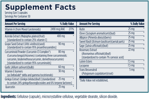 Supplement facts for Ultimate Antiox Full Spectrum listing ingredients including Acerola extract, Allium sativum, Althaea officinalis, Basil Oil, Carnosic Acid
