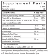 Text listing the ingredients including Vitamin a, Vitamin b12, Iodine, potassium salt, Zinc picolinate, Selenium, Selenomethionine, L Tyrosine vegan, Ashwagandham Coleus Forskohlii