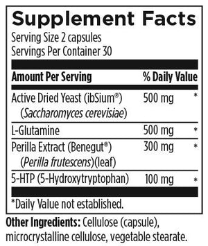 Text listing the ingredients including Active Dried Yeast, ibSium, Saccharomyces cerevisiae, L-Glutamine, Periila Extract, Benegut, Perilla Frutescens, 5-htp, 5-Hydroxytryptophan,cellulose (capsule), microcrystalline cellulose, vegetable stearate