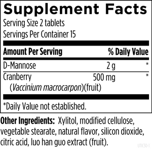Supplement facts for UT Intensive Chewables listing ingredients including Cranberry, Cranberry (Vaccinium macrocarpon), Mannose, Vaccinium macrocarpon