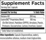 Text listing the ingredients including Betaine HCl, GastroENZ, Ox bile Extract, Peptidase, DPPIV, Amylases, Pepsin, Proteases, Glucoamylase, Lactase, Invertase, Lipase.