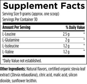 Text listing the ingredients including L-Leucine, L-Glutamine, L-Isoleucine, L-Valine, natural flavours, certified rganic stevia leaf extract (stevia rebaudiana), citric acid, malic acid, silicon dioxide, sunflower lecithin