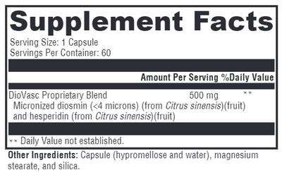 Supplement facts for DioVasc listing ingredients including Citrus sinensis, Hesperidin