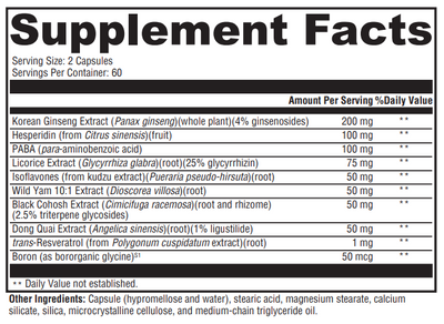 Supplement facts for MedCaps Menopause listing ingredients including Angelica sinensis, Black Cohosh extract, Boron, Cimicifuga Racemosa, Citrus sinensis