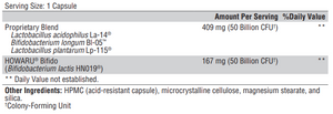 Supplement facts for ProbioMax® Daily 100B listing ingredients including Bifidobacterium, Bifidobacterium Bifidum, Bifidobacterium animalis subsp. lactis HN019, Bifidobacterium lactis, Bifidobacterium longum Bl-05