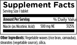 Supplement facts for Niacin CRT 500mg listing ingredients including Vitamin B3 Niacin, Vitamin B3 Niacinamide