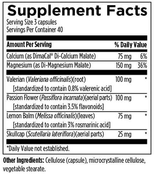 Supplement facts for MyoSedate listing ingredients including Bioflavonoids, Calcium, Calcium Di-malate, Calcium Malate, Lemon Balm Extract