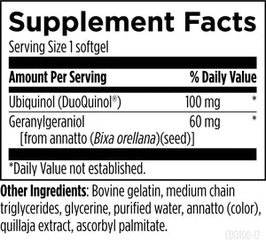 Text describing the ingredients: Ubiduinol (DuoQuinol), Geranylgeraniol (from annatto (bixa orellana) (seed)], bovin gelatin, medium chain triglycerides, glycerine, purified water, annatto (color), quillaja extract, ascorbyl palmitate.