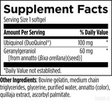 Text describing the ingredients: Ubiduinol (DuoQuinol), Geranylgeraniol (from annatto (bixa orellana) (seed)], bovin gelatin, medium chain triglycerides, glycerine, purified water, annatto (color), quillaja extract, ascorbyl palmitate.