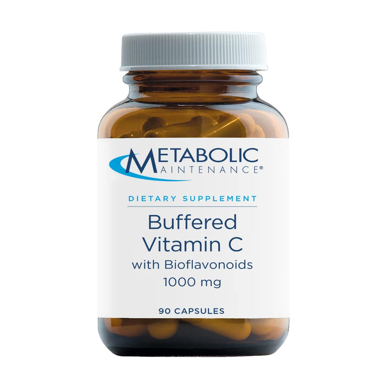 A Supplement container with the name  Buffered Vitamin C (1000mg) by Metabolic Maintenance.