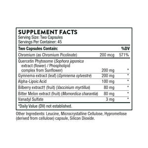 Ingredients including, Chromium Picolinate, Quercetin Phytosome, Sophora Japonica, Phospholipid, Sunflower, Gymnema extract, Gymnema Sylvestre, Ala, Alpha lipoic acid, Biberry extract, Bitter Melon extract, Vaccinium Myrtillus, Momordica charantia, Vanadyl Sulfate.
