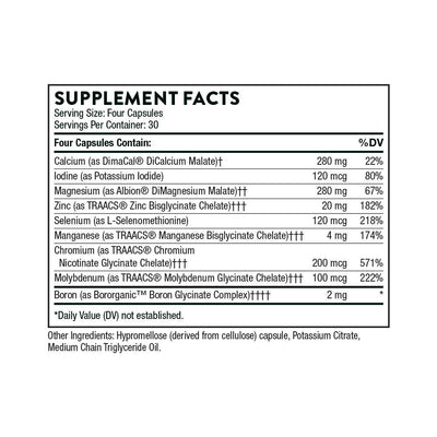 Ingredients including Calcium , DimaCal, DiCalcium Malate, Iodine, Potassium Iodide, Magnesium, Albion DiMagnesium Malate, Zinc Bisglycinate, Selenium, l-Selenomethionine, Manganese TRAACS Bisglycinate, Chromium TRAACS Nicotinate Glycinate, Molybdenum Glycinate, Boron Glycinate.